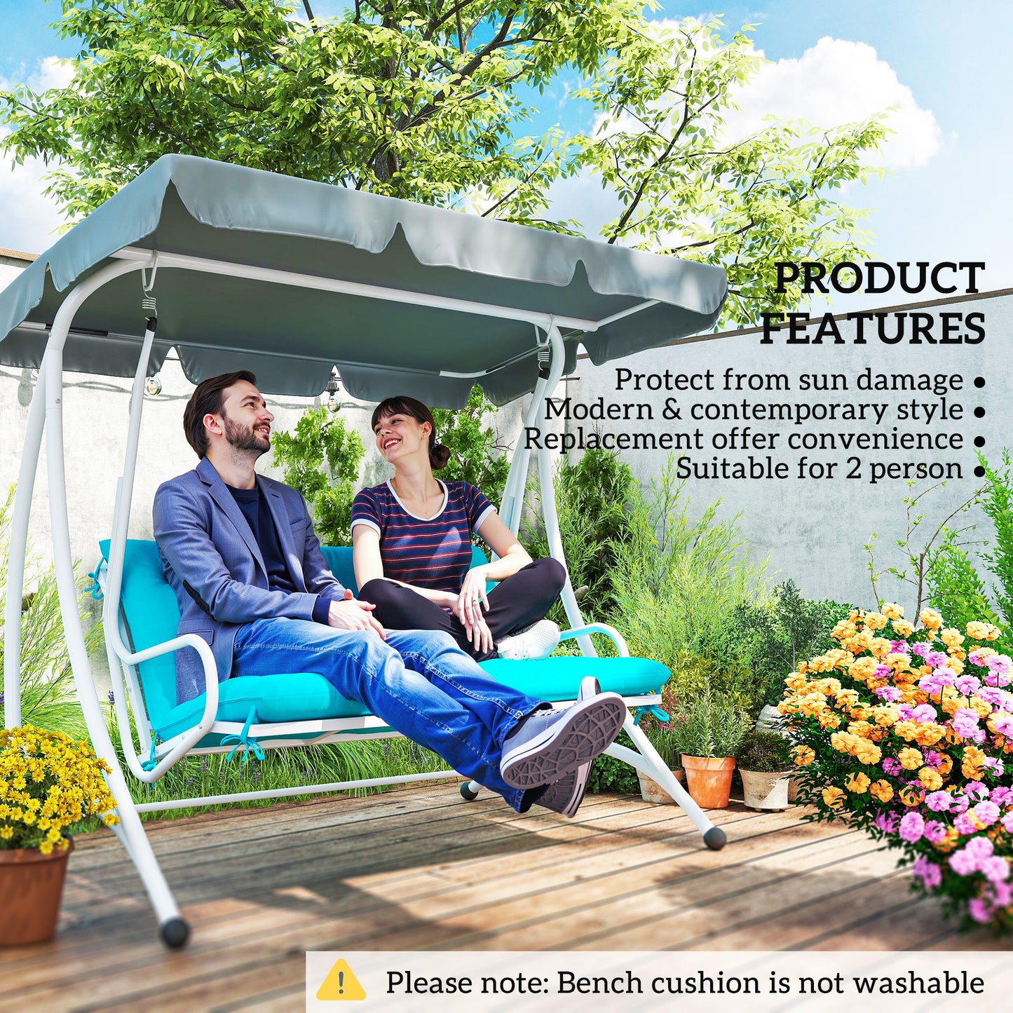2 Seater Garden Bench Cushion, Soft Thick Outdoor Non-Slip 2 Seater Soft Pad With Backrest for Garden Patio, 47" x 43" x 5", Turquoise