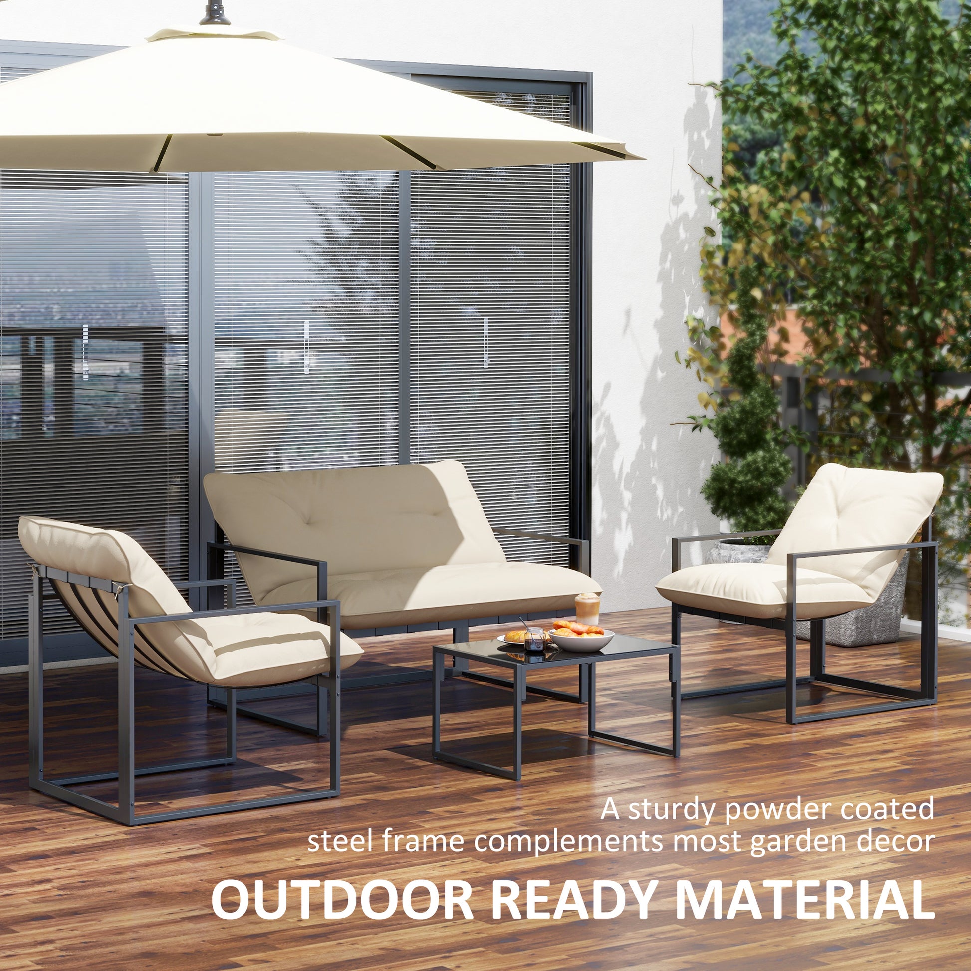 4 Piece Outdoor Furniture Set, Patio Conversation Set with Tempered Glass Table, Loveseat, 2 Chairs and Cushions, Beige