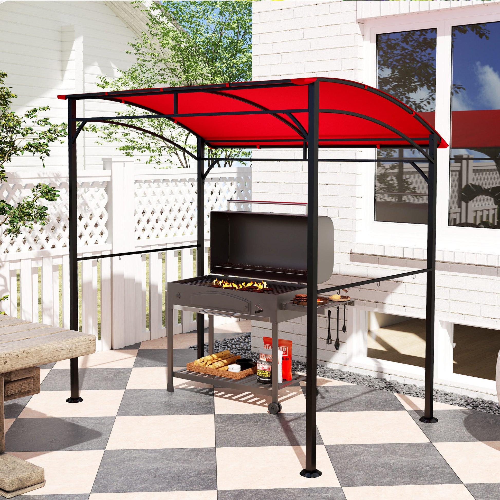 7' x 5' Garden Grill Canopy, BBQ Grill Gazebo Tent with Steel Frame and Hooks, Outdoor Sun Shade, Wine Red