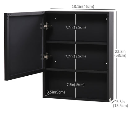 Bathroom Medicine Cabinet, Wall-Mounted Mirror Cabinet with Single Door, Storage Shelves and Stainless Steel Frame for Laundry Room, Black