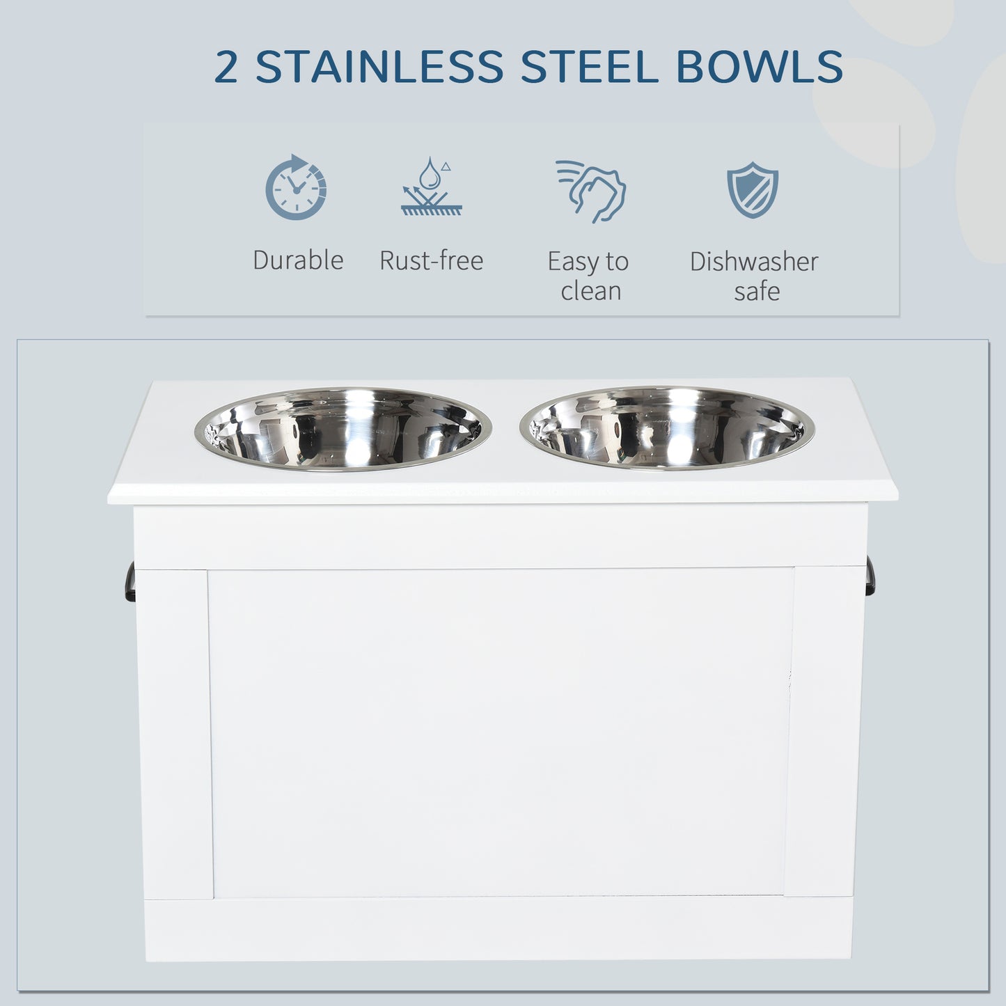 Large Elevated Pet Feeder with Storage Dog Pet Diner Function 2 Stainless Steel Dog Bowls Elevated Base for Large Dogs and Other Large Pet, White