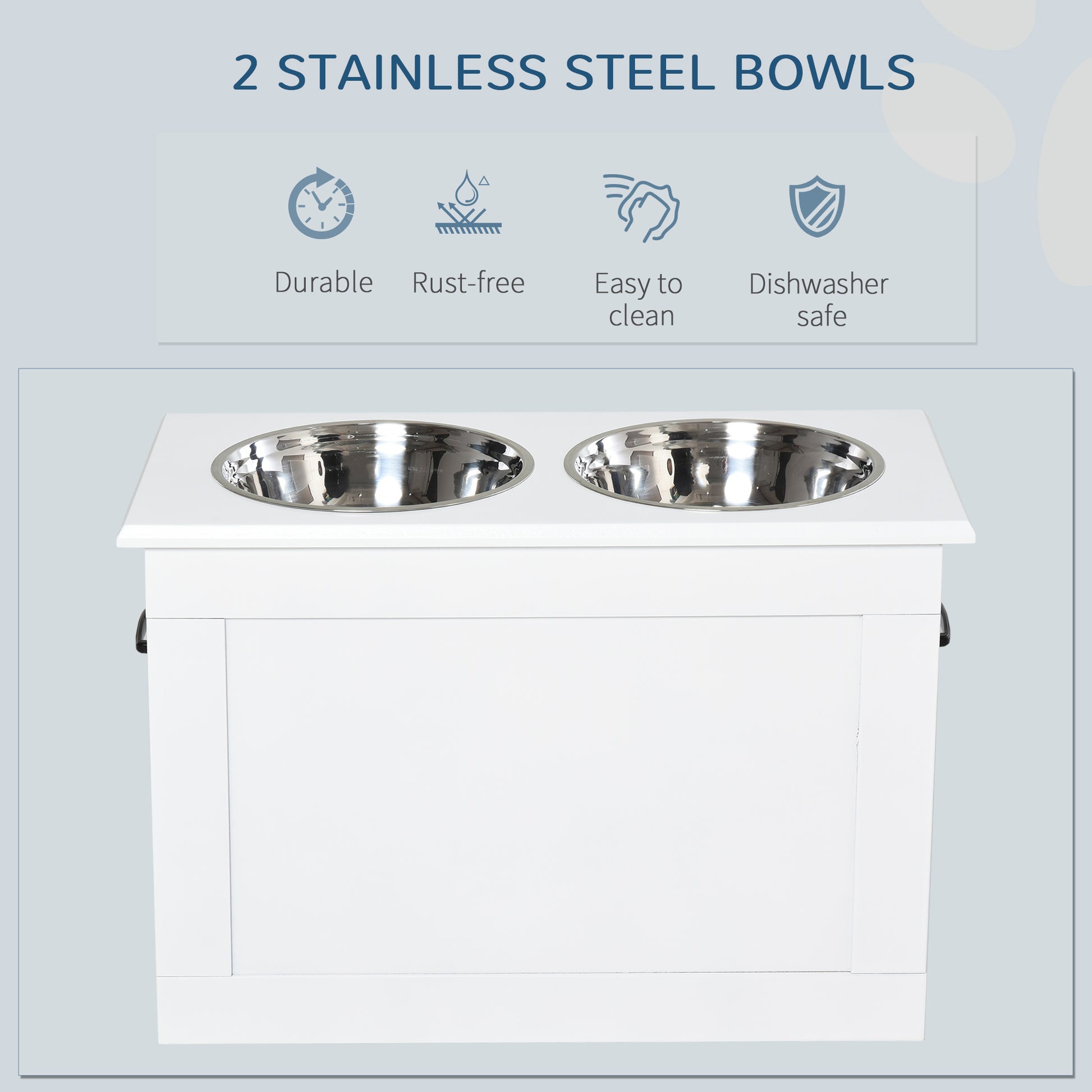 Large Elevated Pet Feeder with Storage Dog Pet Diner Function 2 Stainless Steel Dog Bowls Elevated Base for Large Dogs and Other Large Pet, White