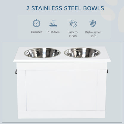 Large Elevated Pet Feeder with Storage Dog Pet Diner Function 2 Stainless Steel Dog Bowls Elevated Base for Large Dogs and Other Large Pet, White