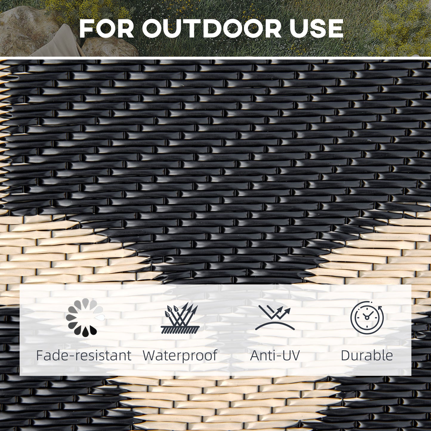 Reversible Outdoor RV Rug, 9' x 18' Patio Floor Mat, Plastic Straw Rug for Backyard, Deck, Picnic, Beach, Camping, Black and Beige