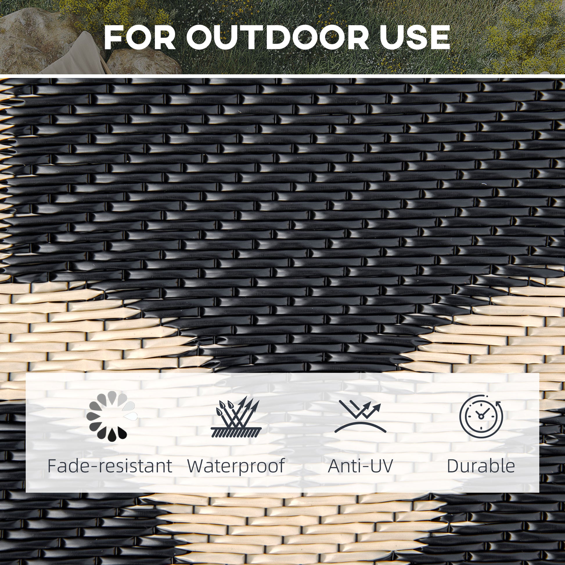 Reversible Outdoor RV Rug, 9' x 18' Patio Floor Mat, Plastic Straw Rug for Backyard, Deck, Picnic, Beach, Camping, Black and Beige