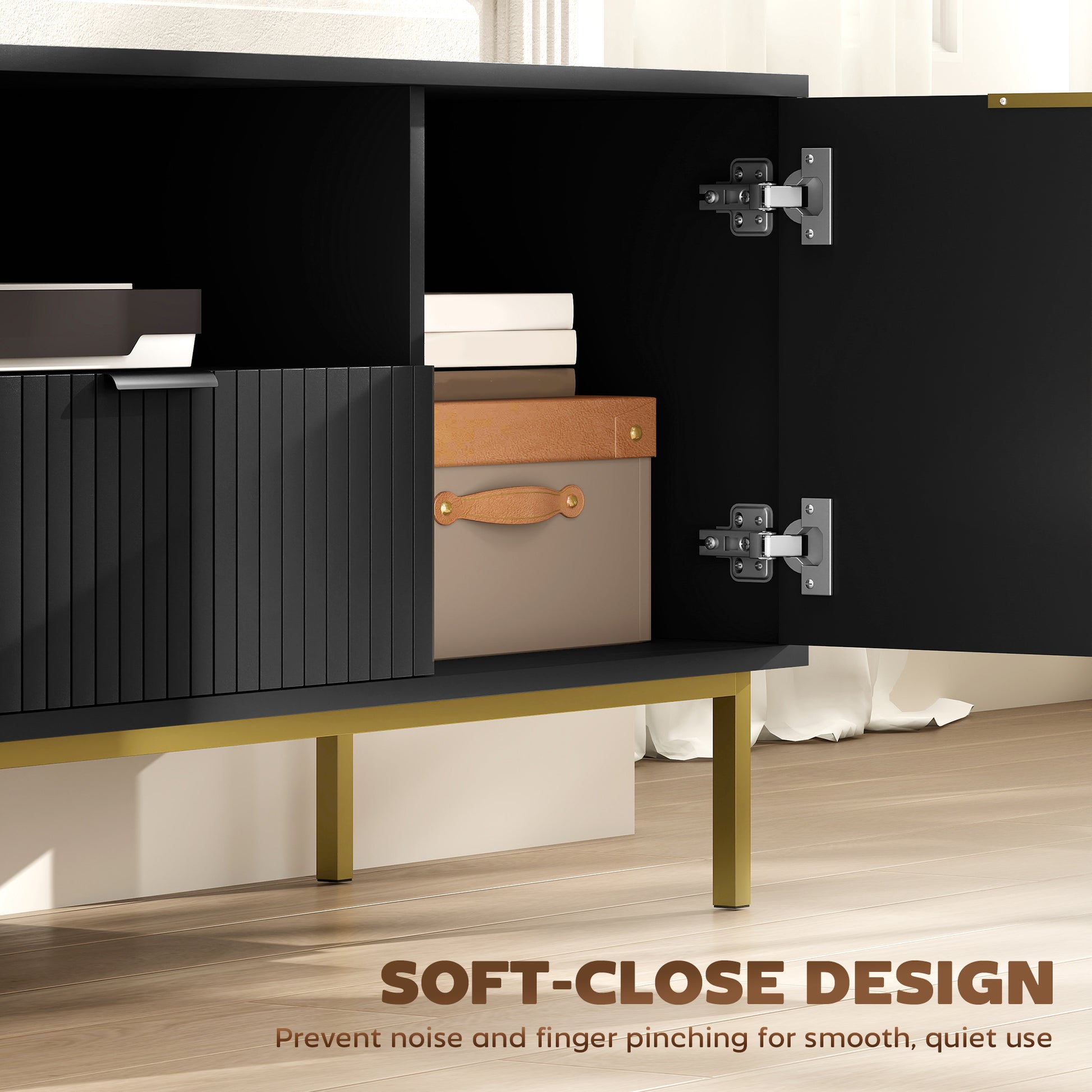 Modern TV Console for TVs up to 60 Inch, Entertainment Center with Smart RGB LED Lights and Soft Close Doors, Black