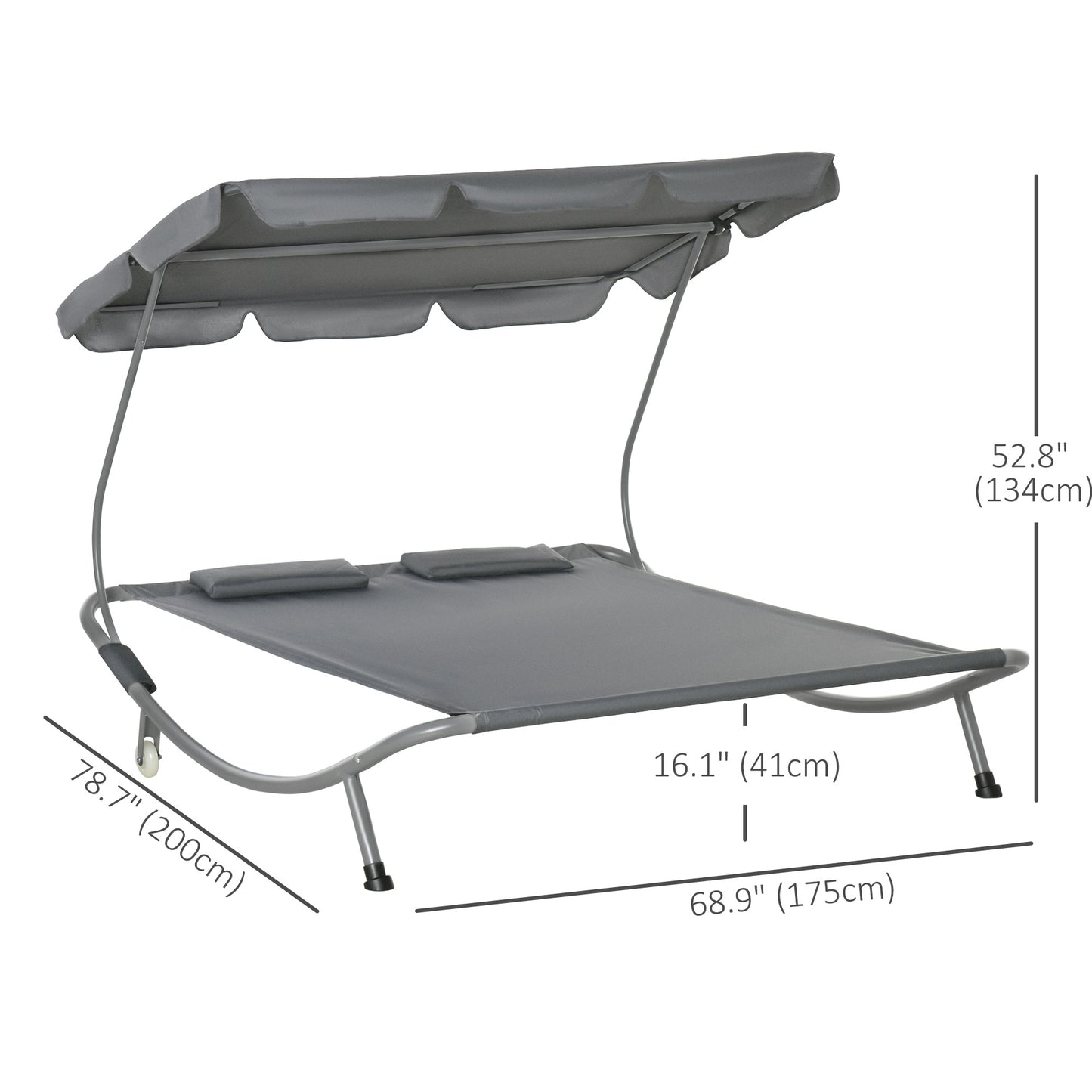 Double Patio Lounger with Adjustable Canopy, Outdoor Daybed Hammock Lounger with Headrest Pillows, Two Moving Wheels for Poolside, Garden, Grey