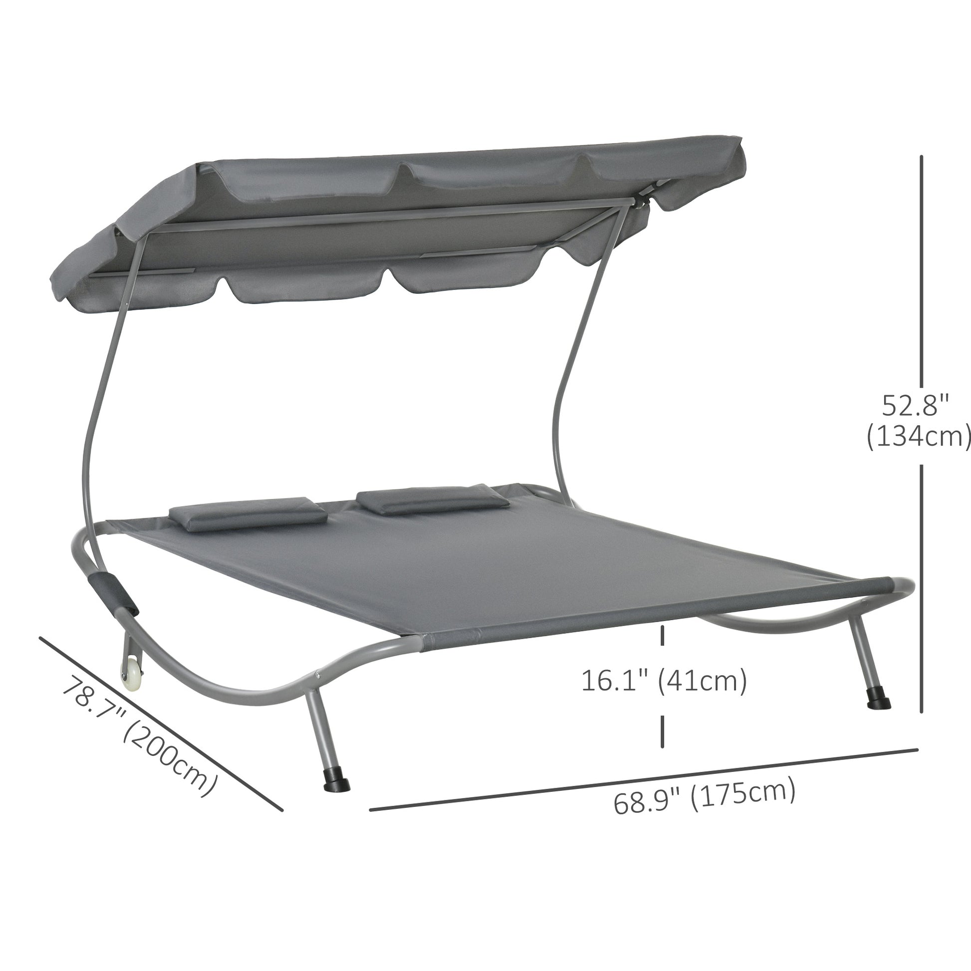 Double Patio Lounger with Adjustable Canopy, Outdoor Daybed Hammock Lounger with Headrest Pillows, Two Moving Wheels for Poolside, Garden, Grey