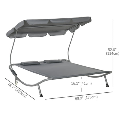 Double Patio Lounger with Adjustable Canopy, Outdoor Daybed Hammock Lounger with Headrest Pillows, Two Moving Wheels for Poolside, Garden, Grey