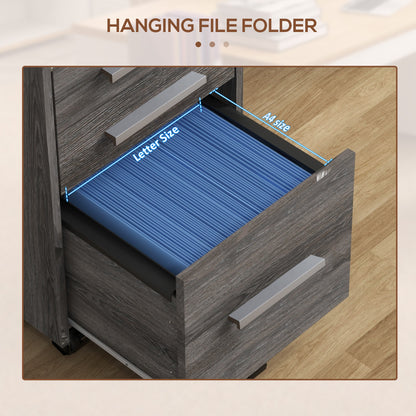 3 Drawer Vertical File Cabinet, Mobile Filing Cabinet with Lock and Wheels for A4, Letter Size, Grey
