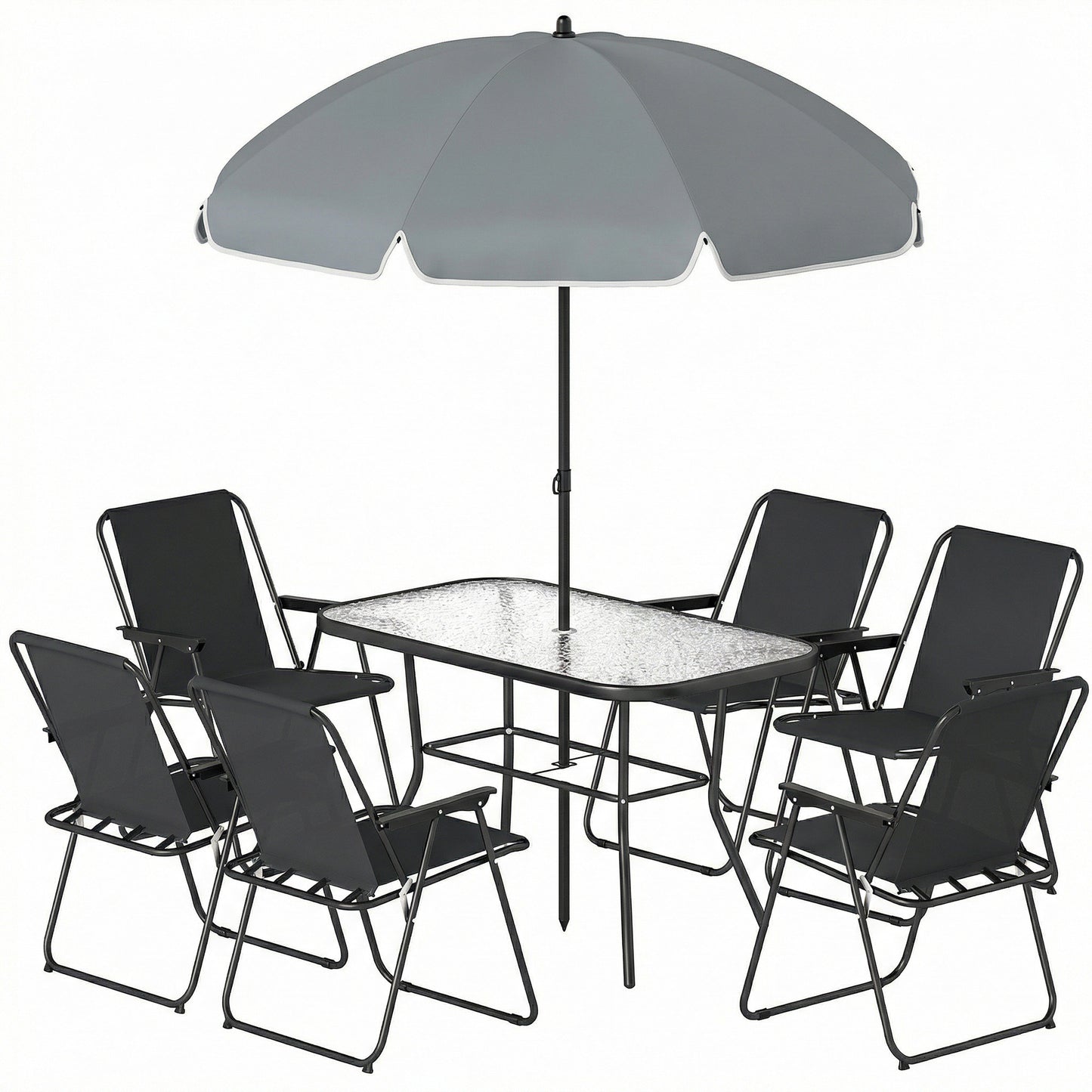 8 Piece Patio Table and Chairs Set with Folding Chairs, Tempered Glass Tabletop and Umbrella for Garden, Black