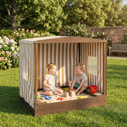 Qaba Kids Sandbox with Full Covered Canopy, Bench Seats, Bottom Liner, for Ages 3-6, 56" x 40" x 52", Brown