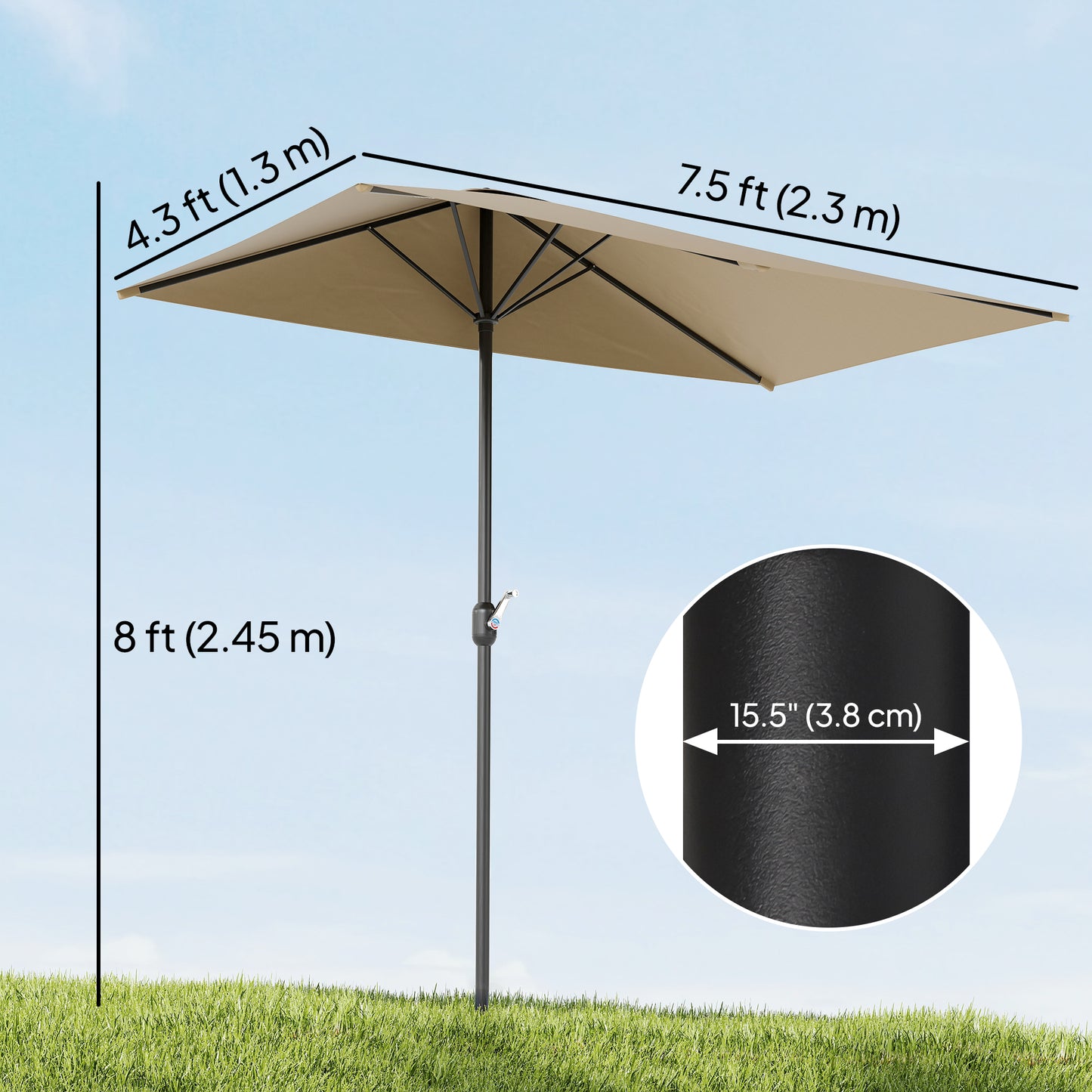 8ft Half Round Umbrella Outdoor Balcony Parasol Patio Garden Outdoor Window Sun Shade w/ 5 Ribs