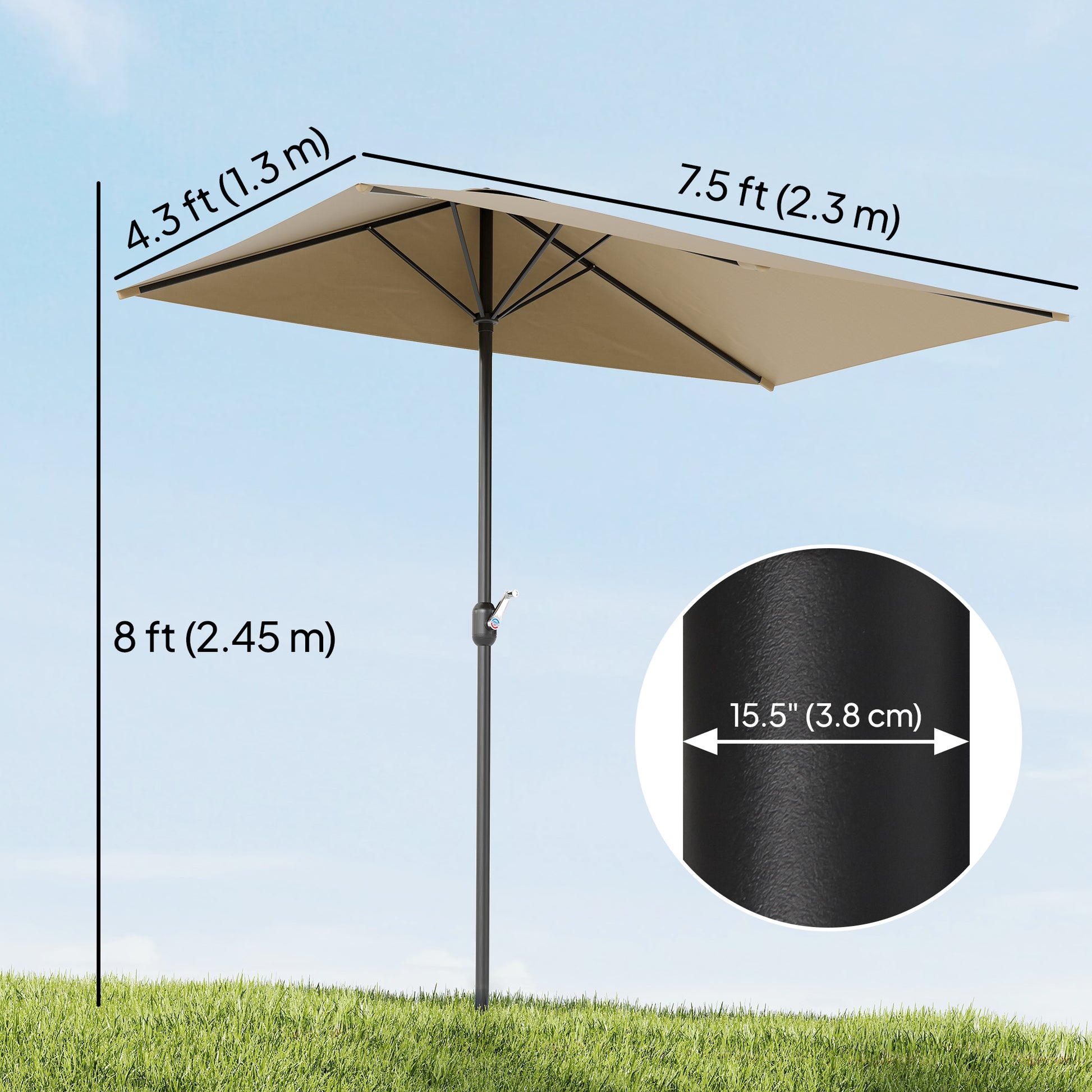 8ft Half Round Umbrella Outdoor Balcony Parasol Patio Garden Outdoor Window Sun Shade w/ 5 Ribs