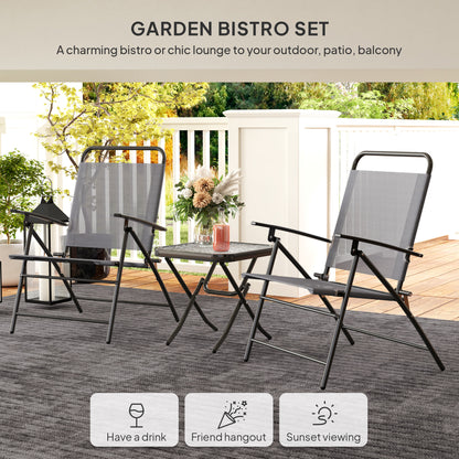 Folding Bistro Set, Small Patio Set with Back Adjustable Chairs and Glass Top Table for Garden, Balcony, Porch, Grey