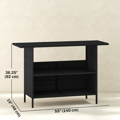 Wicker Outdoor Bar Table, PE Rattan Bar Height Patio Table with 2 Shelves, Steel Frame for Garden, Backyard, Black