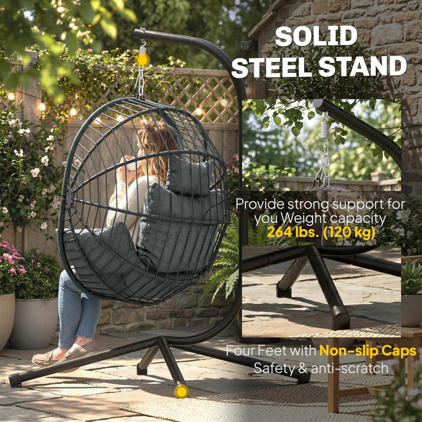 Metal Stand Hanging Egg Chair, with Full Body Padded Seat - Grey