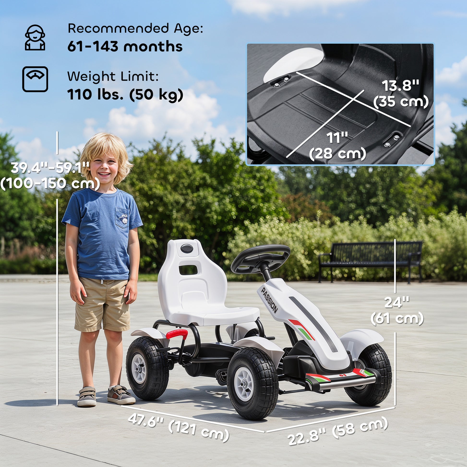 Aosom Pedal Go Kart for Kids, Pedal Car with Adjustable Bucket, Handbrake, 4 Rubber Wheels Powered Ride, White