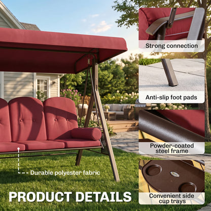 Outdoor Patio 3-Person Steel Canopy Cushioned Seat Bench Swing with Included Side Trays & Padded Comfort, Wine Red