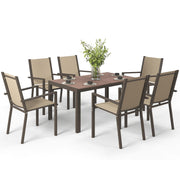 7 Piece Outdoor Dining Set with Rectangular Table and 6 Stackable Chairs, for Backyard, Lawn, Deck, Balcony, Pool Side
