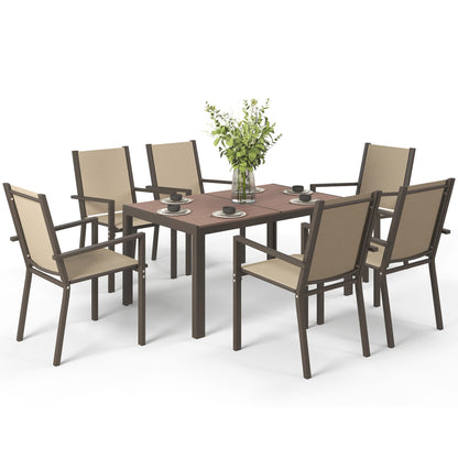 7 Piece Outdoor Dining Set with Rectangular Table and 6 Stackable Chairs, for Backyard, Lawn, Deck, Balcony, Pool Side