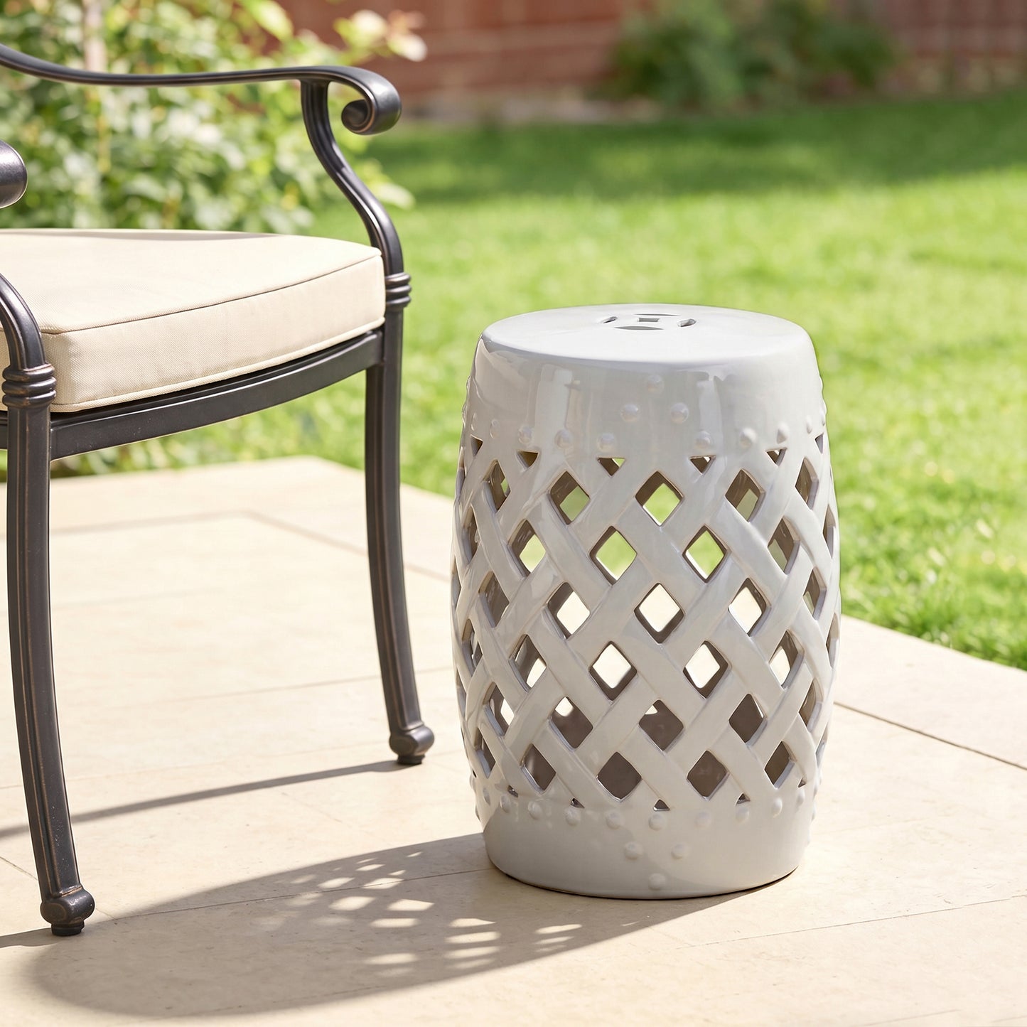 18" Ceramic Garden Stool with Woven Lattice Design, Indoor & Outdoor Decorative Accent Stool, White