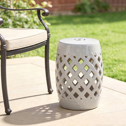 18" Ceramic Garden Stool with Woven Lattice Design, Indoor & Outdoor Decorative Accent Stool, White