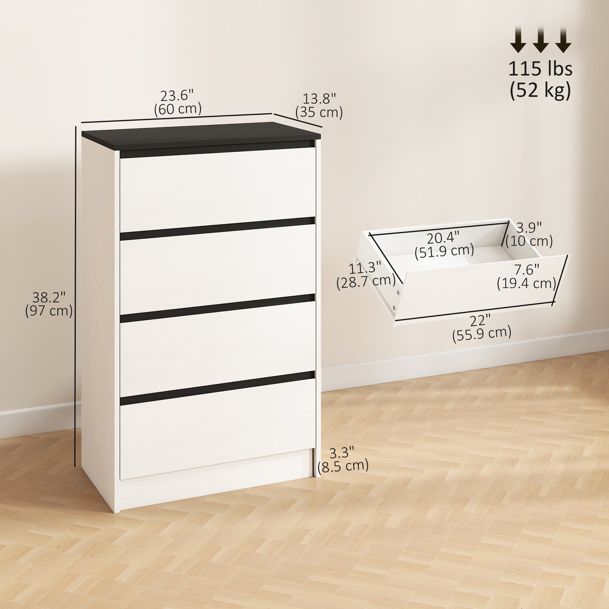 Tall Chest of Drawers, 4 Drawer Dresser for Bedroom, Living Room, Hallway, Modern Storage Cabinet, White Wood Effect