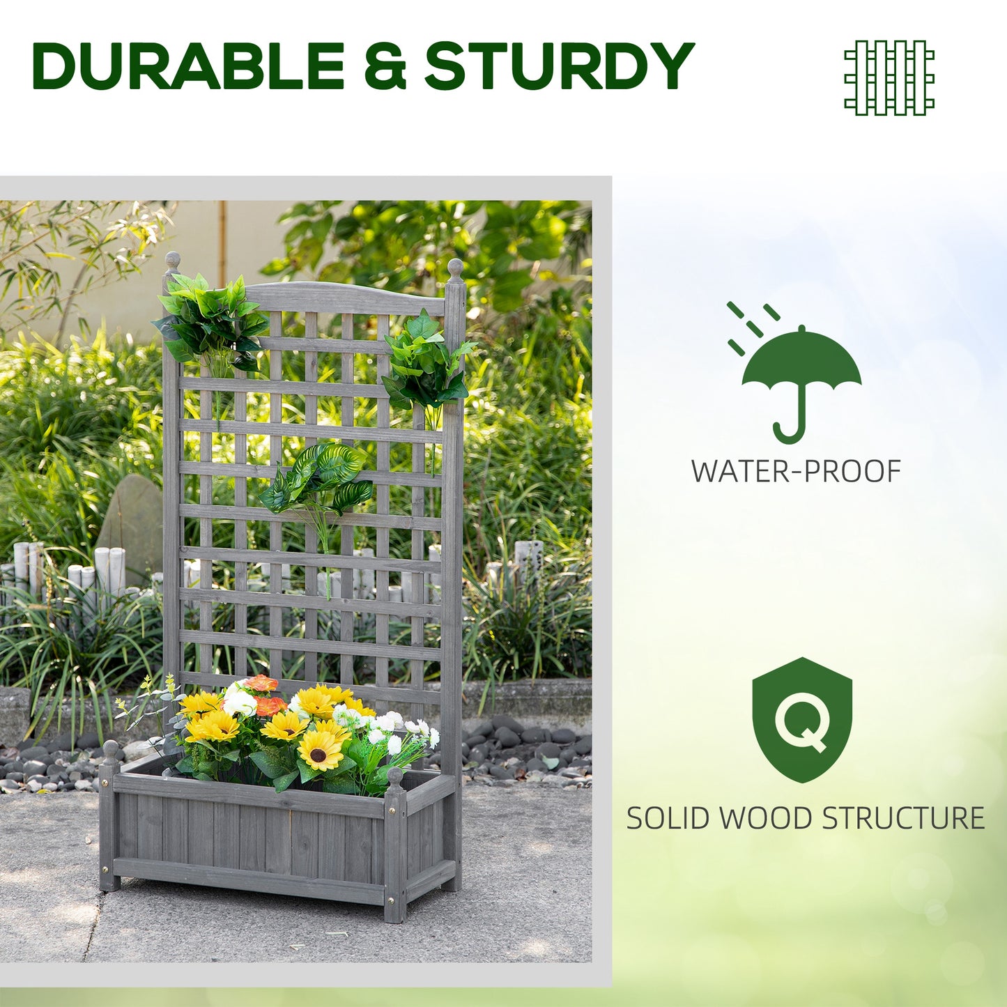 Raised Garden Bed with Trellis for Climbing Vines, 25.2" x 11" x 47.2" Wood Planter Box for Garden, Free Standing Flower Bed, Indoor Outdoor Display Rack, Grey