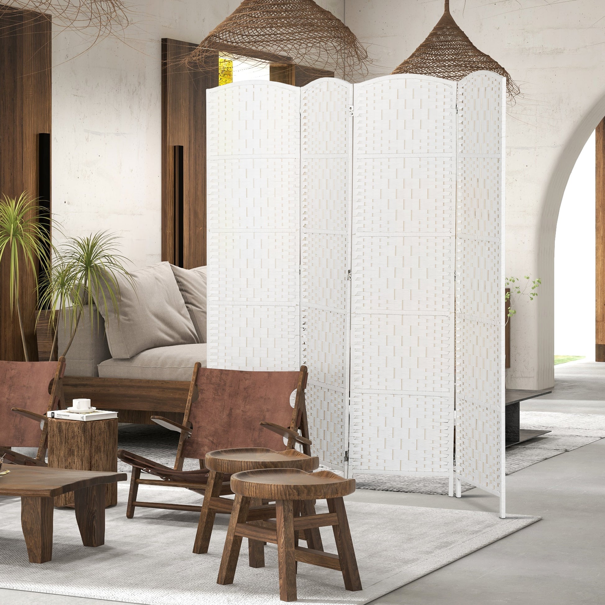 6ft Folding Room Divider, 4 Panel Wall Partition with Wooden Frame for Bedroom, Home Office, White
