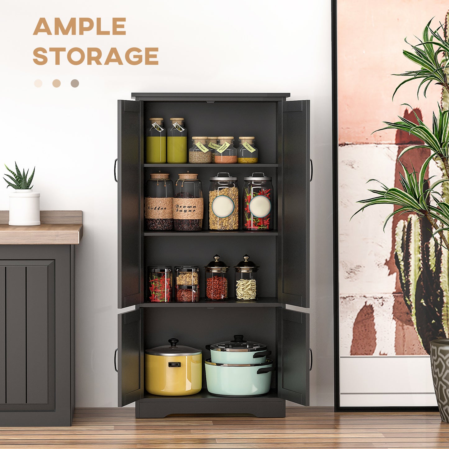48" 4-Door Storage Cabinet Multi-Storey Large Space Pantry with Adjustable Shelves Black