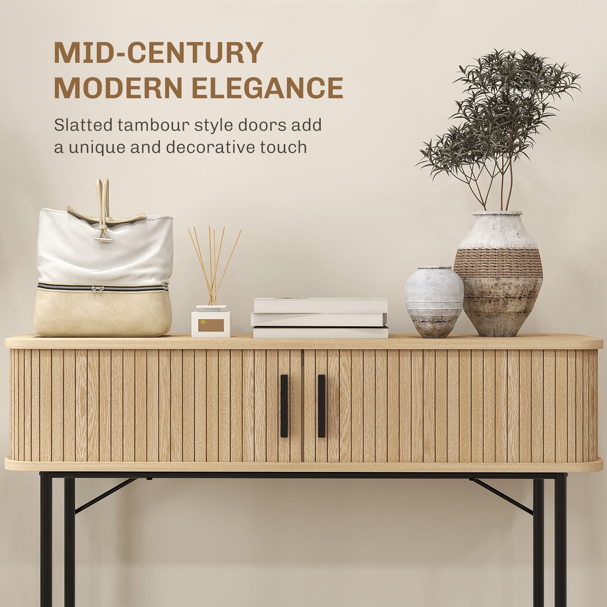 Mid-Century Entryway Table, Narrow Console Table with Storage Compartments for Behind Couch, Living Room, Oak and Black