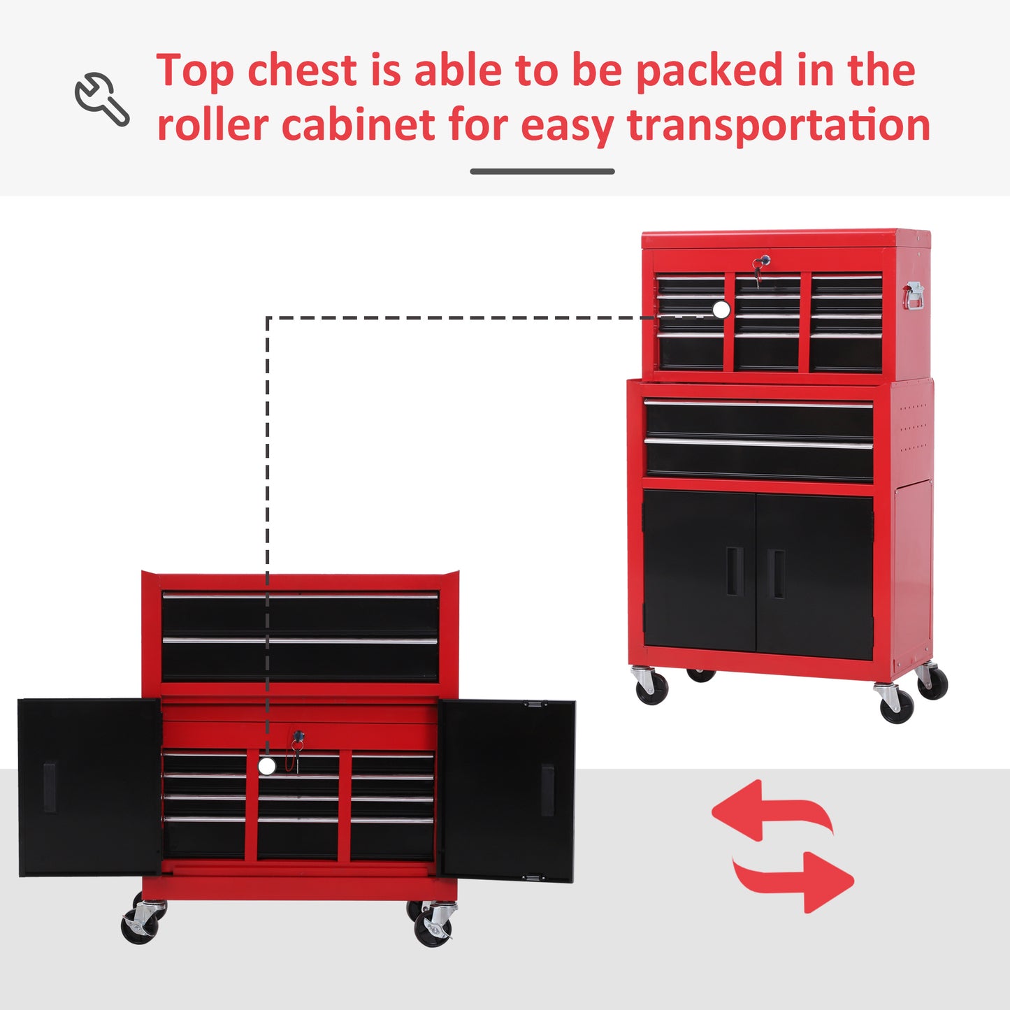 6-Drawer Rolling Tool Chest, 2 in 1 Lockable Storage Cabinet with Hooks, Metal Tool Box for Garage, Workshop, Red