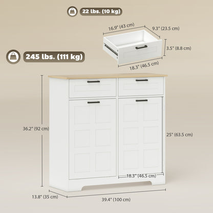 13 Gallon Tilt Out Garbage Cabinet, Kitchen Island with Trash Cabinet, 2 Drawers, Door Racks, Adjustable Shelves, White