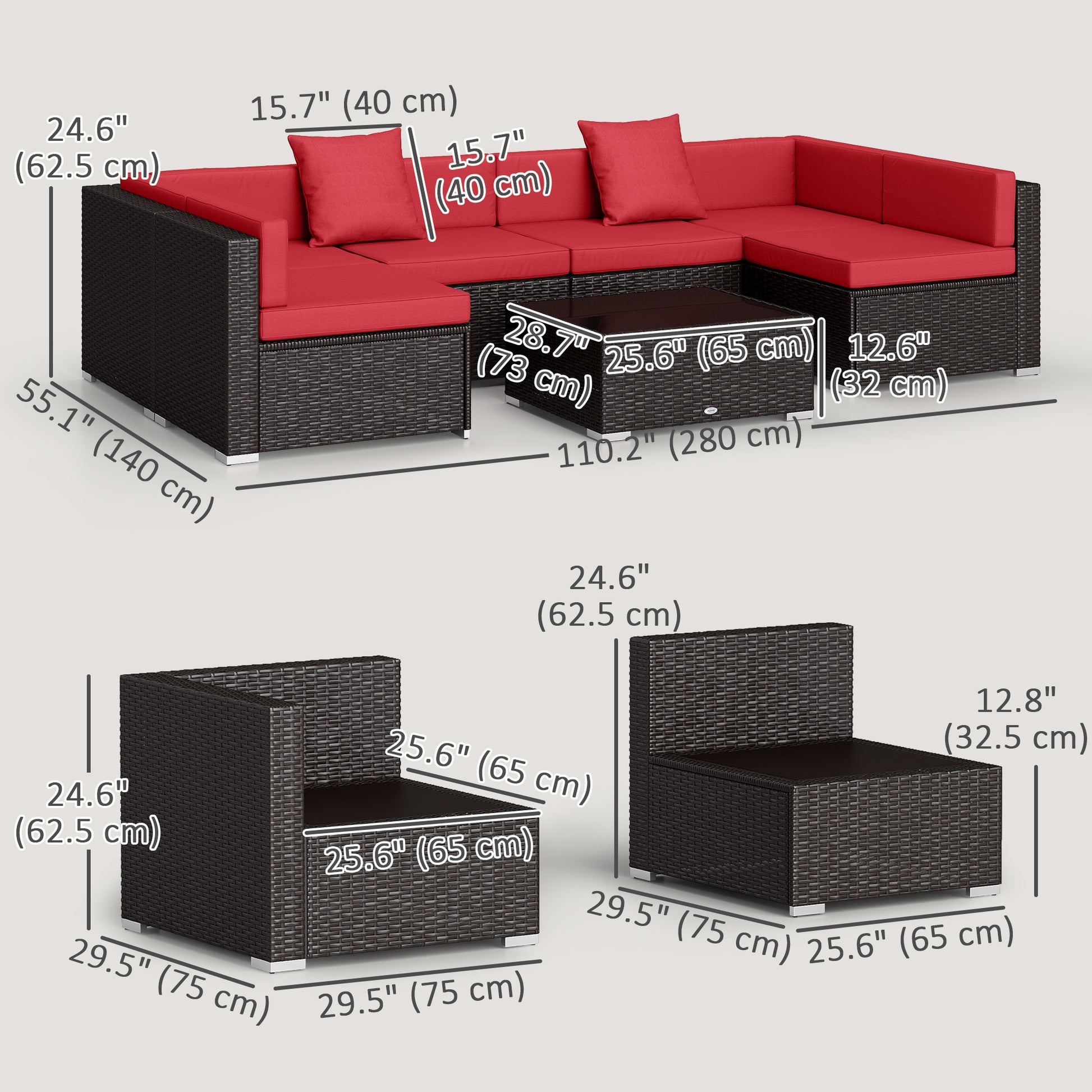 7 Pieces Patio Furniture Set, Rattan Conversation Set Garden Wicker Sofa Set with Washable Cushions and Coffee Table, for Deck Balcony Yard, Wine Red