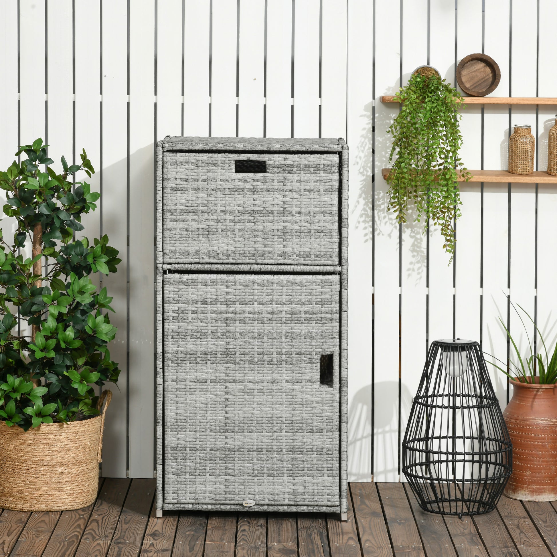 Patio Storage Cabinet, Outdoor Towel Rack for Pool, PE Rattan Wicker Hot Tub Accessory, with Basket Drawer, Mixed Grey
