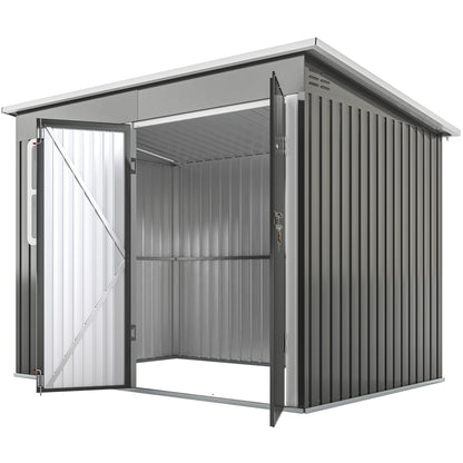 8.5' x 6' Galvanised Steel Outdoor Storage Shed, Garden Shed with Window, Lockable Wide Doors and Air Vents, Grey
