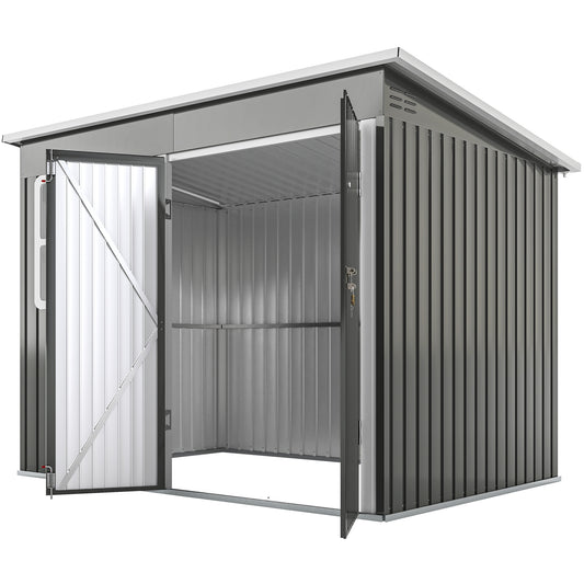 8.5' x 6' Galvanised Steel Outdoor Storage Shed, Garden Shed with Window, Lockable Wide Doors and Air Vents, Grey