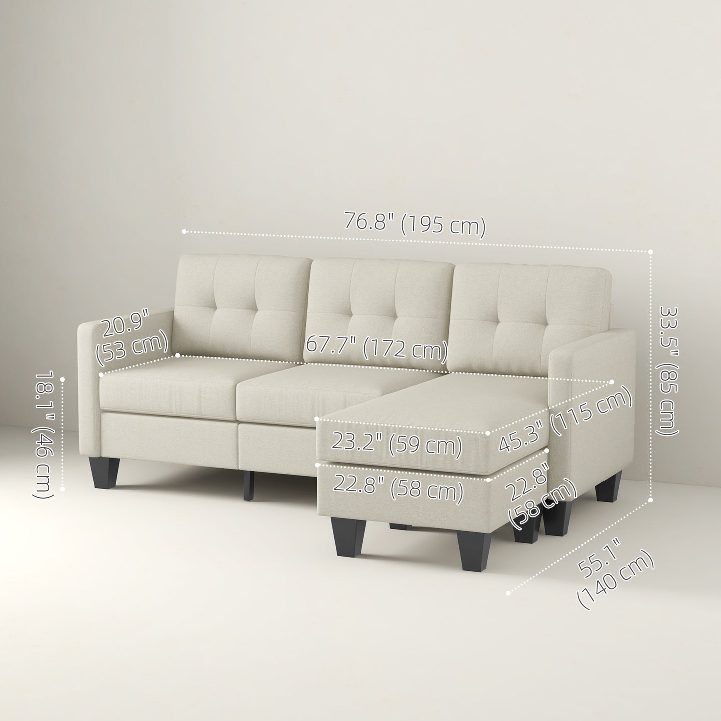 Small Corner Sofa, 3 Seater Sectional Couch with Ottoman, Corner Sofa with Thick Padded Cushion and Wood Legs, Beige