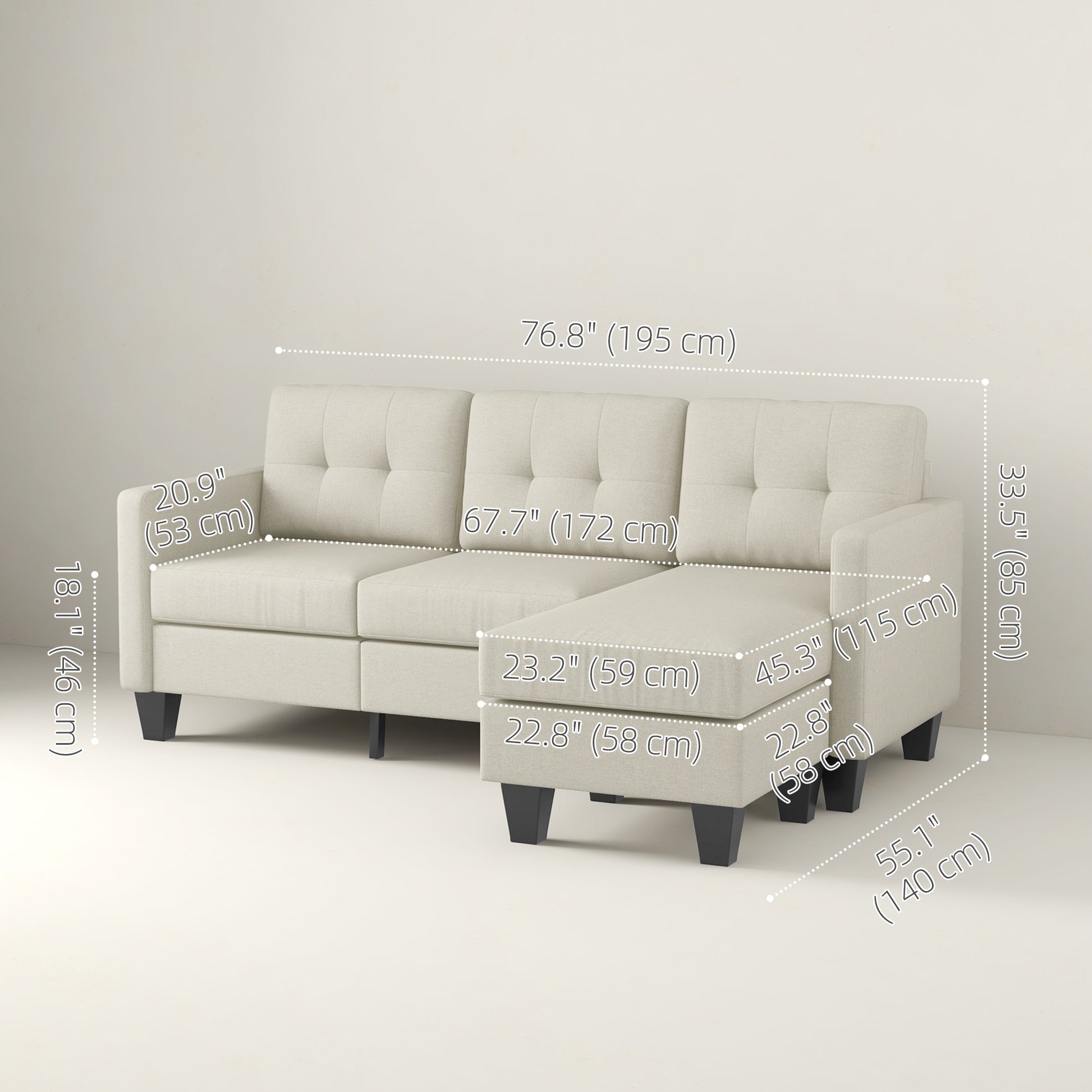 Small Corner Sofa, 3 Seater Sectional Couch with Ottoman, Corner Sofa with Thick Padded Cushion and Wood Legs, Beige