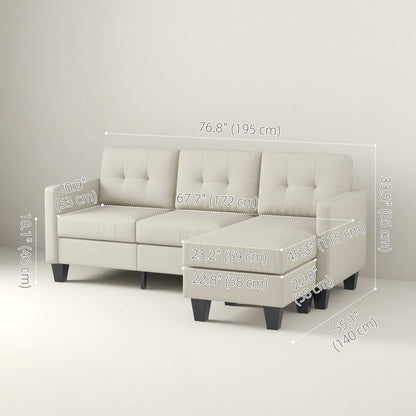 Small Corner Sofa, 3 Seater Sectional Couch with Ottoman, Corner Sofa with Thick Padded Cushion and Wood Legs, Beige