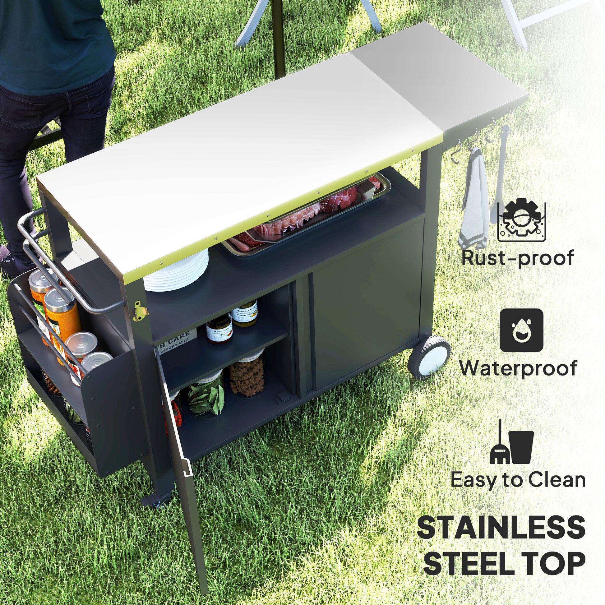 Outdoor Grill Cart with Foldable Side Table, Stainless Steel Tabletop, Pizza Oven Stand with Storage Rack, Wheels