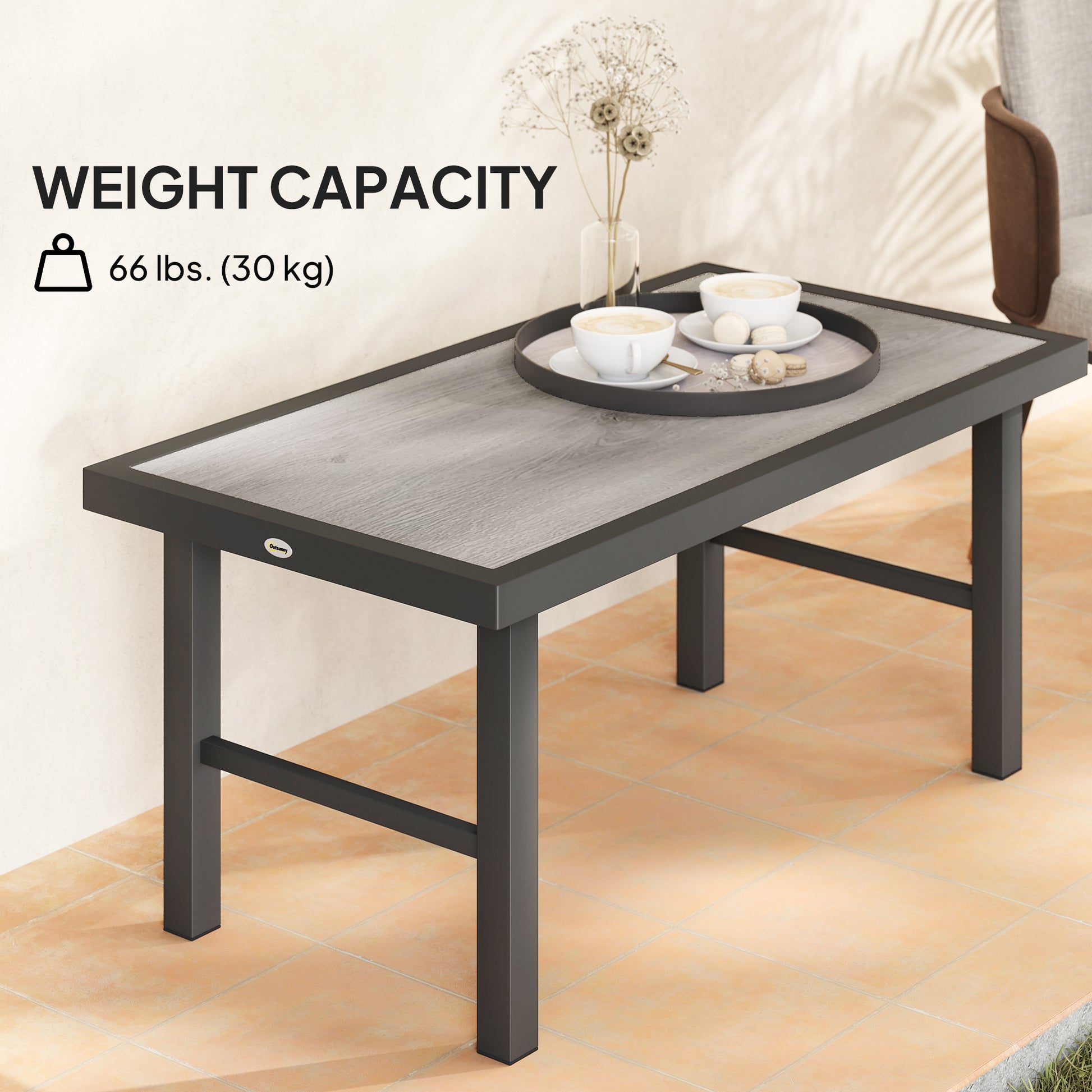 Outdoor Side Table with SPC Woodgrain Tabletop, Metal Patio Coffee Table for Outside Garden, Distressed Grey
