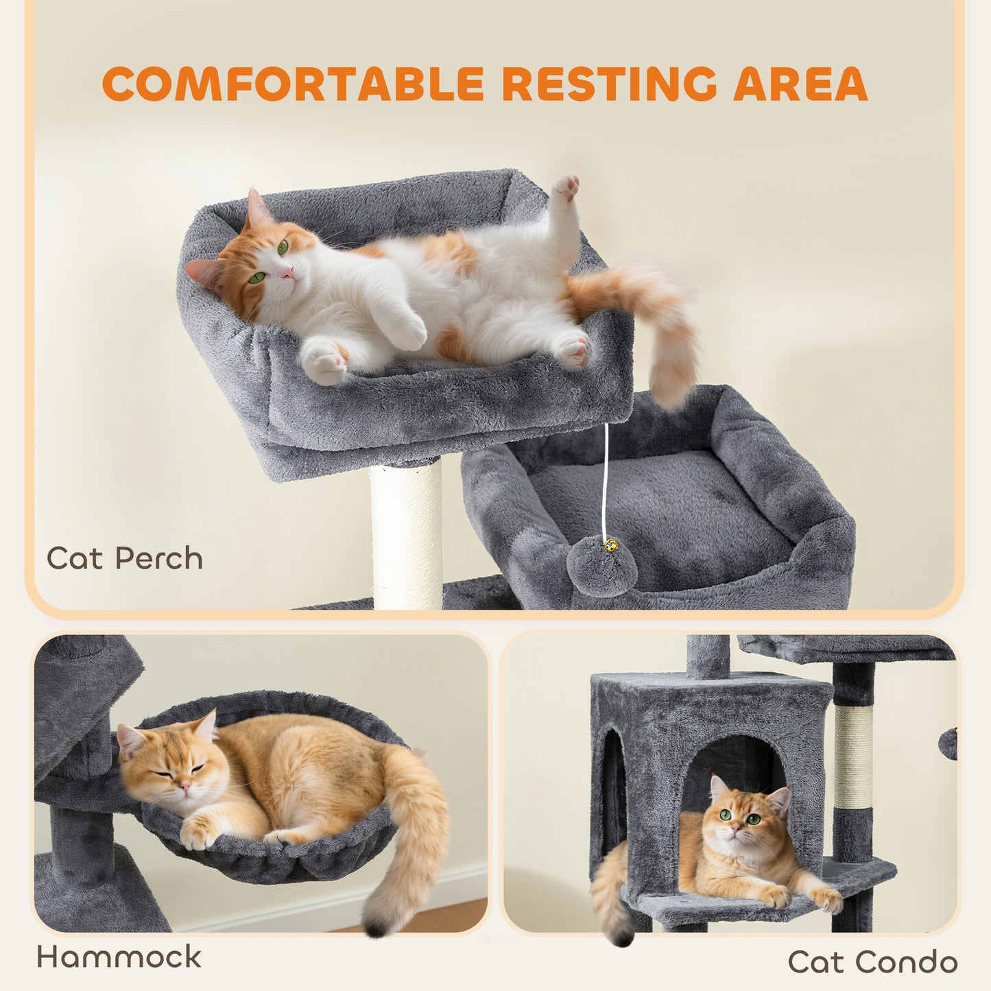 Cat Tree, 70" Multi-Level Cat Tower with 2 Condos, 2 Perches, Hammock, Toy Balls, Scratching Posts and Board, Dark Grey