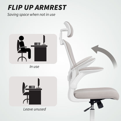 Ergonomic Office Chair, Mesh Desk Chair with Adjustable Headrest, Lumbar Support and Height, Flip-Up Armrests, Grey