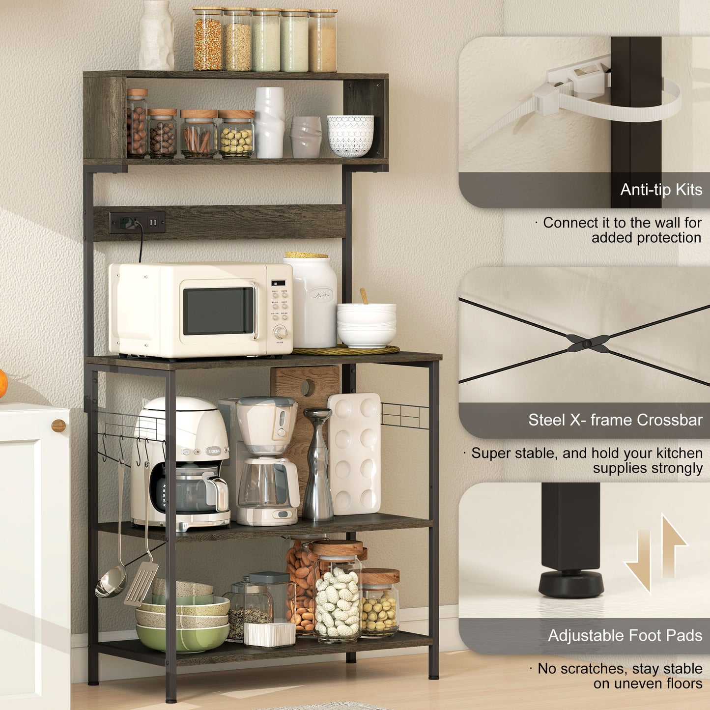 Baker's Rack with Charing Station, Microwave Shelf with Power Outlet, USB Charger and 5 Hooks, Distressed Grey