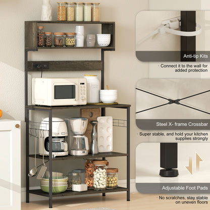 Baker's Rack with Charing Station, Microwave Shelf with Power Outlet, USB Charger and 5 Hooks, Distressed Grey