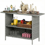 Wicker Outdoor Bar Table, PE Rattan Bar Height Patio Table with 2 Shelves, Steel Frame for Garden, Backyard, Dark Grey