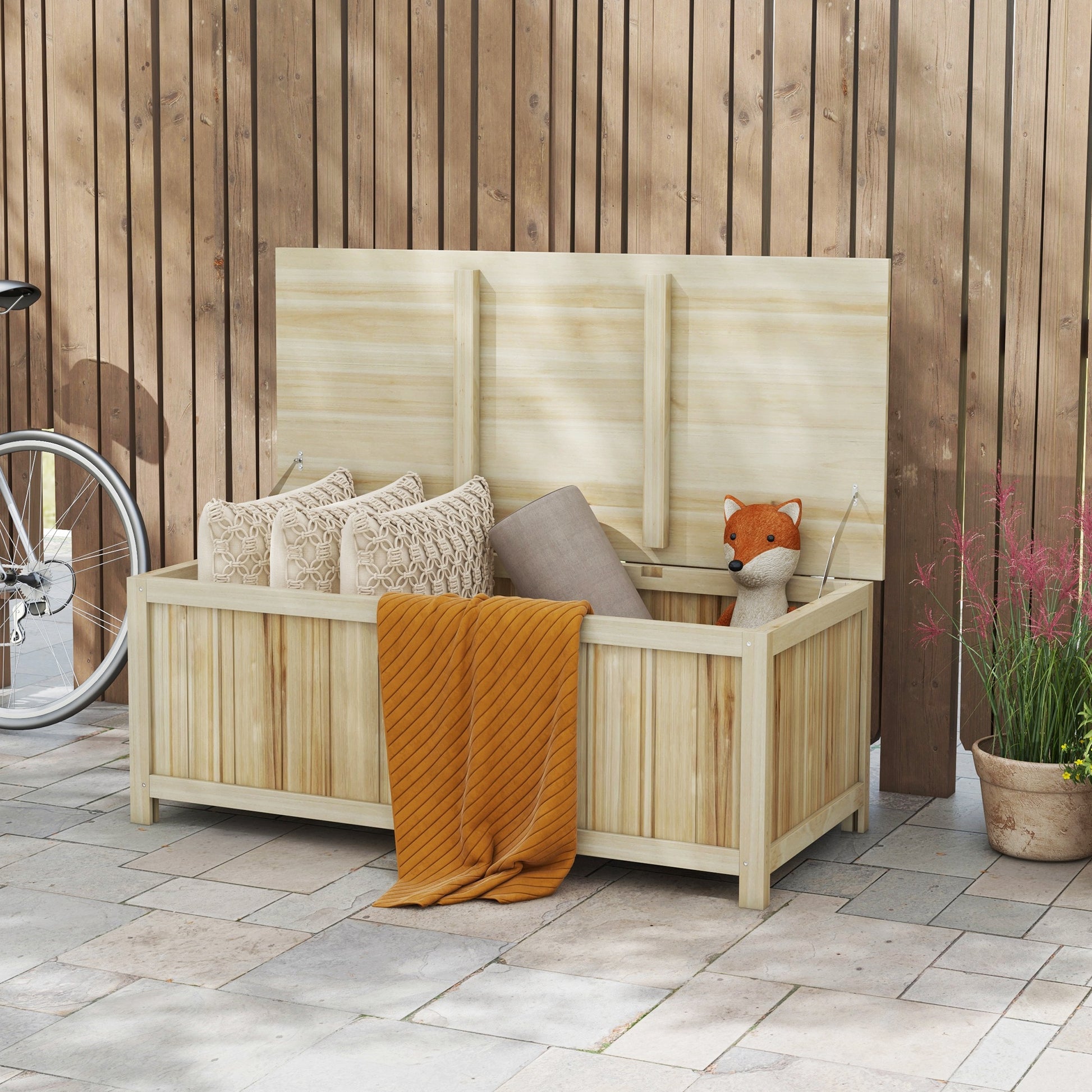 45 Gallon Wooden Storage Box patio Deck Box Bench, Garden Backyard Outdoor Storage Container, Natural