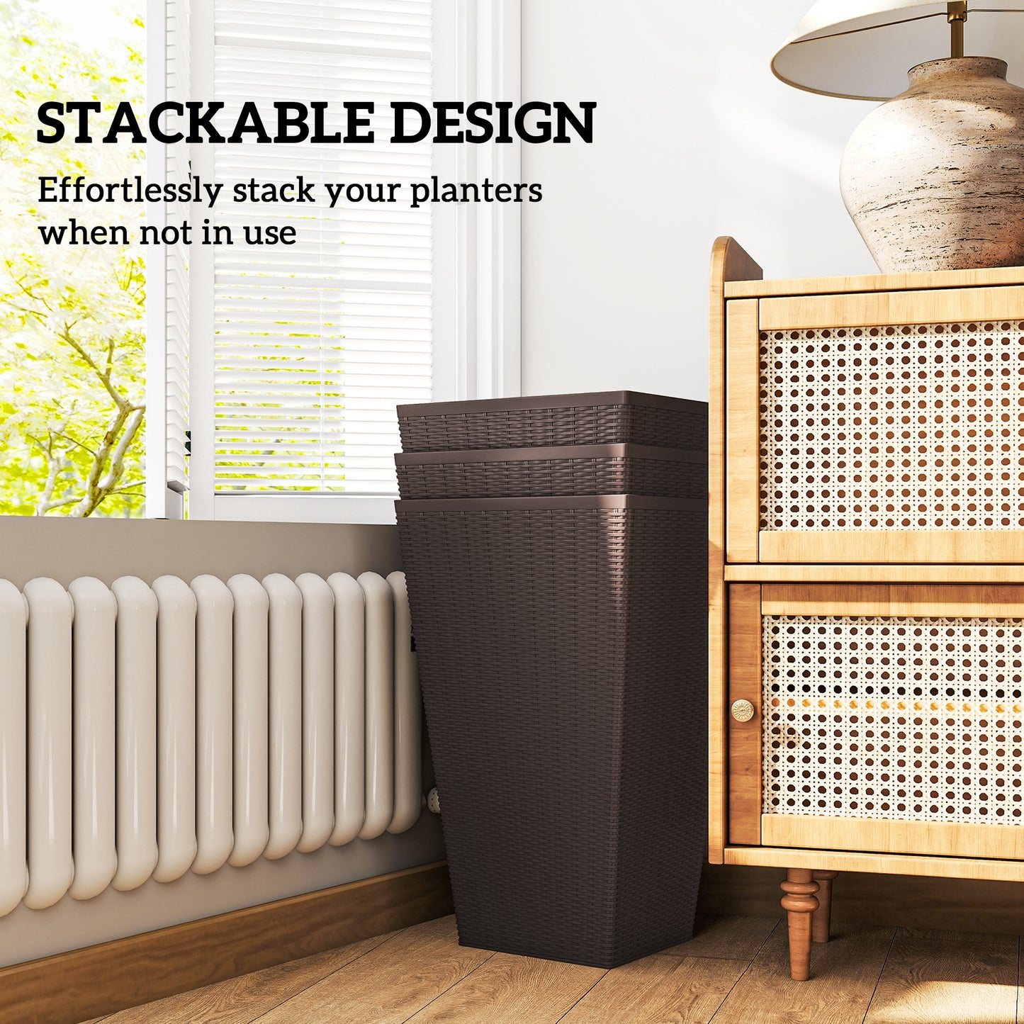 Set of 3 Tall Plant Stand, Outdoor & Indoor Flower Pot Set for Front Door, Entryway, Patio and Deck, Brown